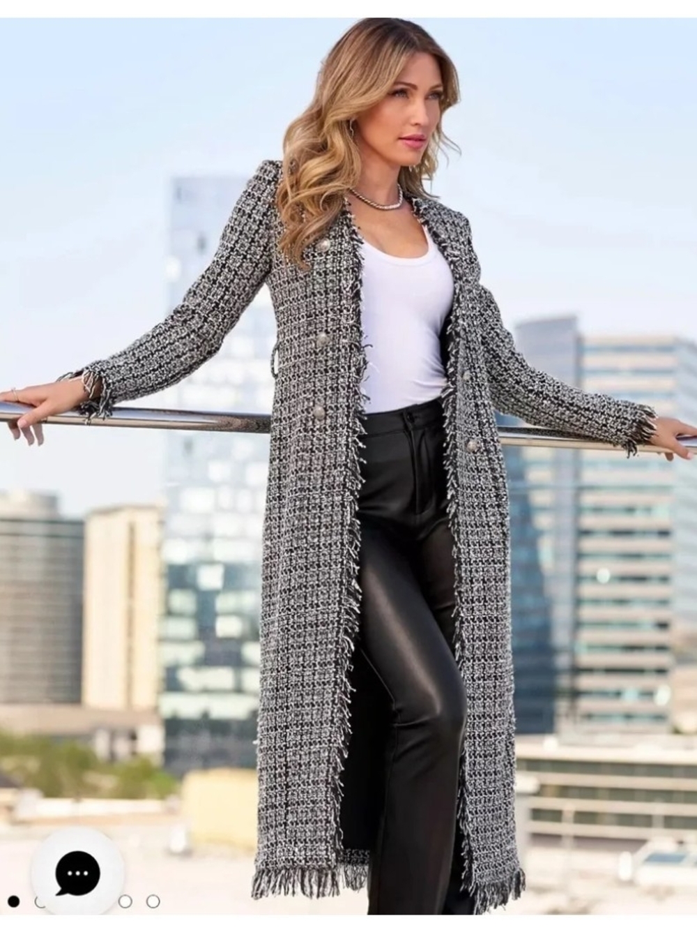 Nwt Long Black And White Tweed Open-Front Women's Blazer Coat Sz 8